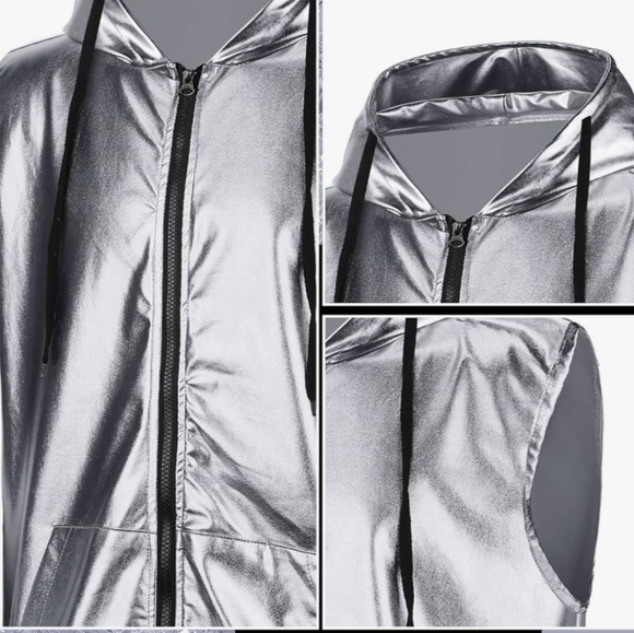 Silver Metallic Festival Zip Sleeveless Vest Disco Hooded Lightweight - Picture 3 of 5